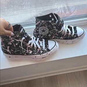 Converse Black High-Top Sneakers with White Laces and Pink Paint Accents